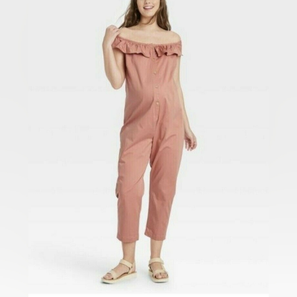 The Nines by Hatch Off the Shoulder Ruffle Cropped Pink Jumpsuit Romper Size M